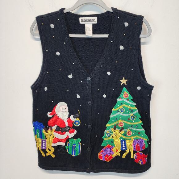 Vintage Theme Works Ugly Christmas Sweater Vest Size M Black Santa Tree Reindeer - Picture 1 of 8